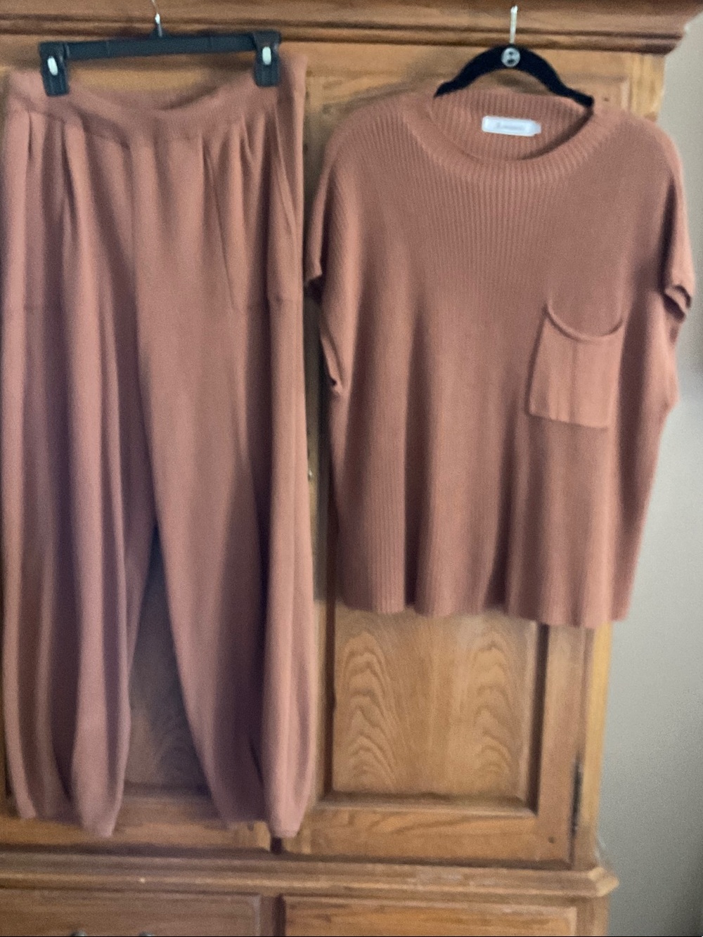 Relaxed Ribbed Pocket Top and Wide Leg Pants Set - Rust